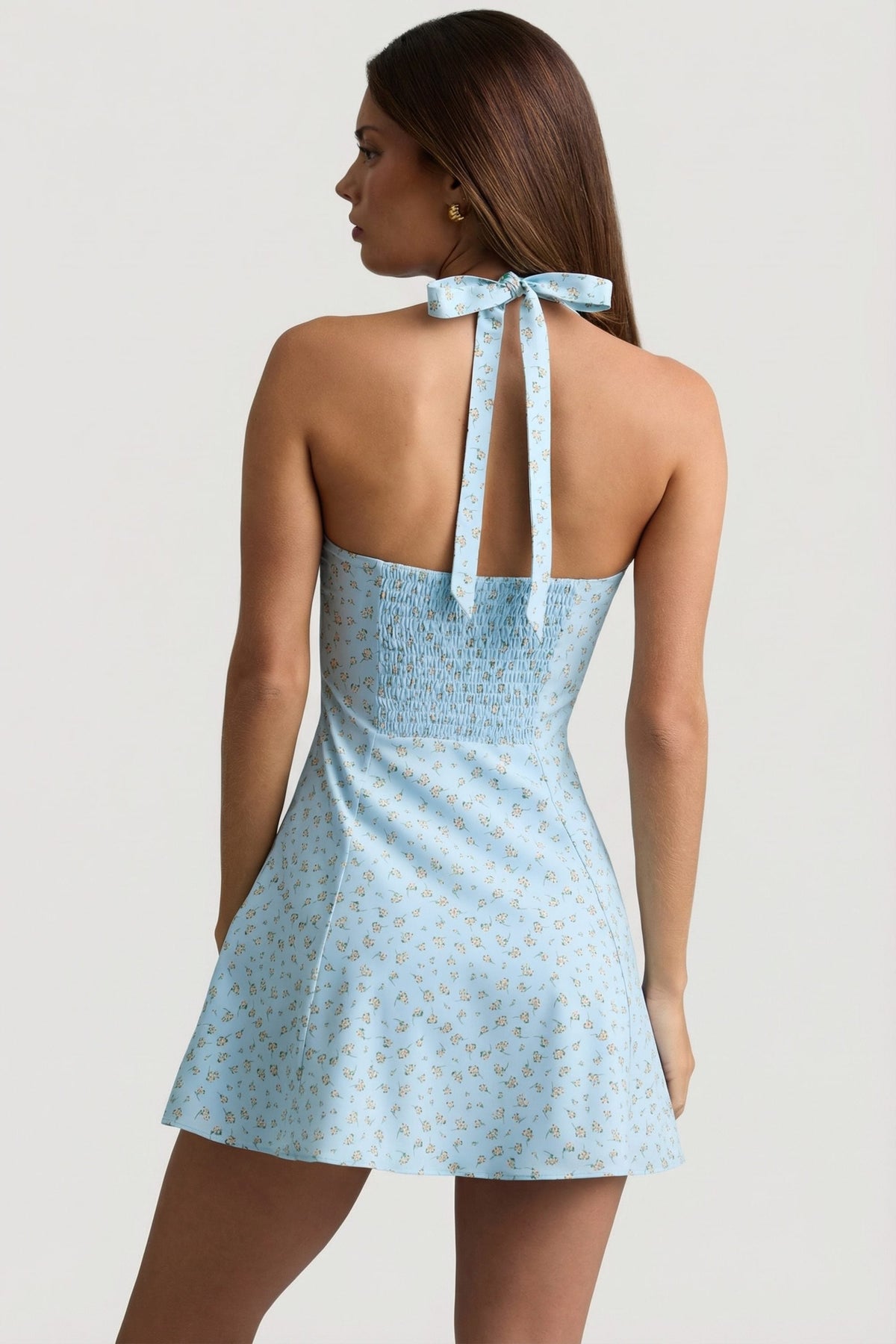 Chic Halterneck A-Line Mini Dress in Blue Flower Print