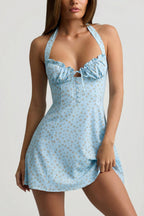 Chic Halterneck A-Line Mini Dress in Blue Flower Print