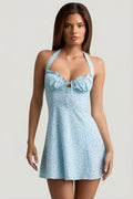 Chic Halterneck A-Line Mini Dress in Blue Flower Print