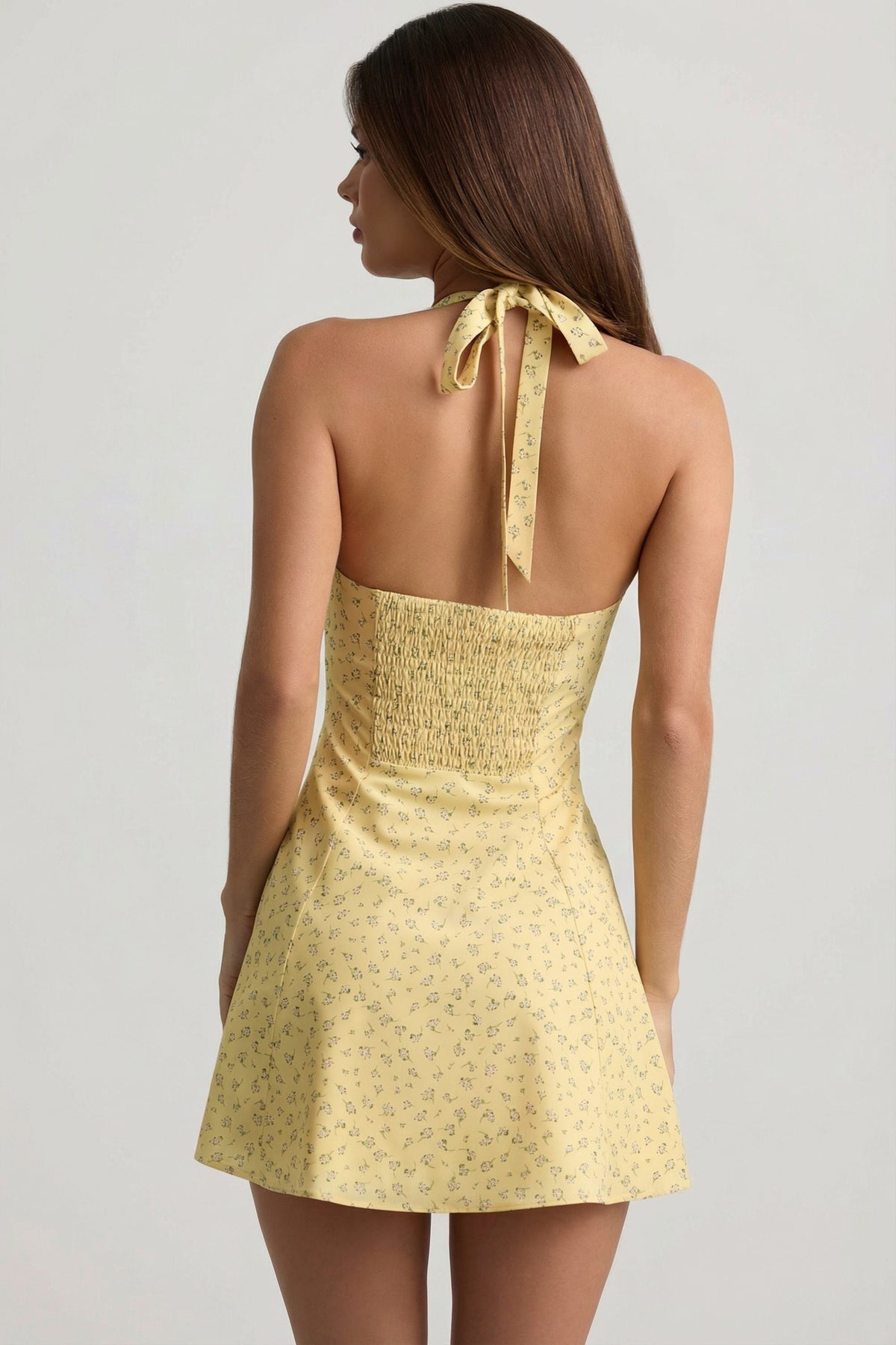 Chic Halterneck A-Line Mini Dress in Yellow Flower Print