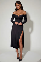Chic Off-Shoulder Lace-Up A-Line Midaxi Dress in Black