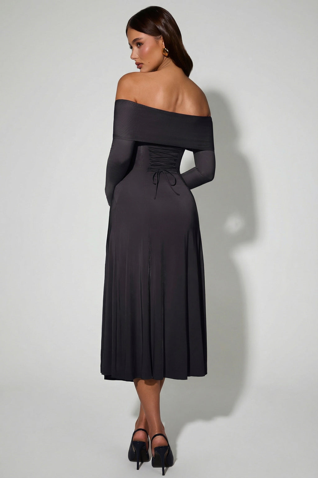 Chic Off-Shoulder Lace-Up A-Line Midaxi Dress in Black