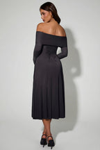 Chic Off-Shoulder Lace-Up A-Line Midaxi Dress in Black