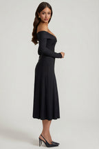 Chic Off-Shoulder Lace-Up A-Line Midaxi Dress in Black