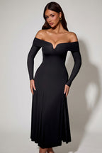 Chic Off-Shoulder Lace-Up A-Line Midaxi Dress in Black