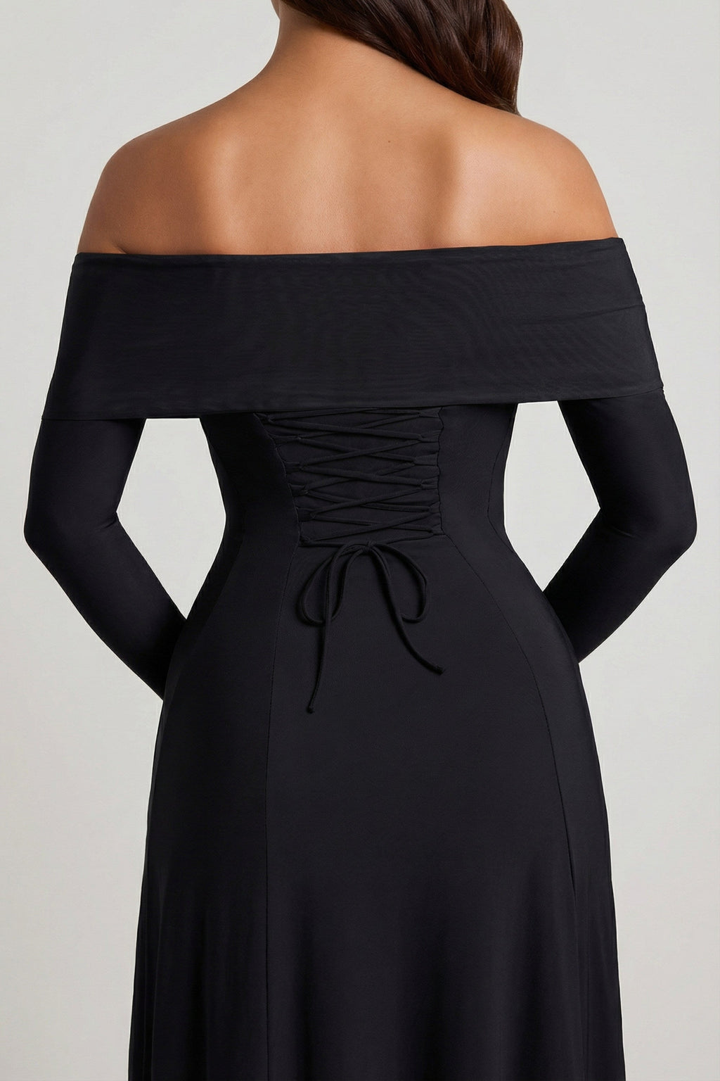 Chic Off-Shoulder Lace-Up A-Line Midaxi Dress in Black