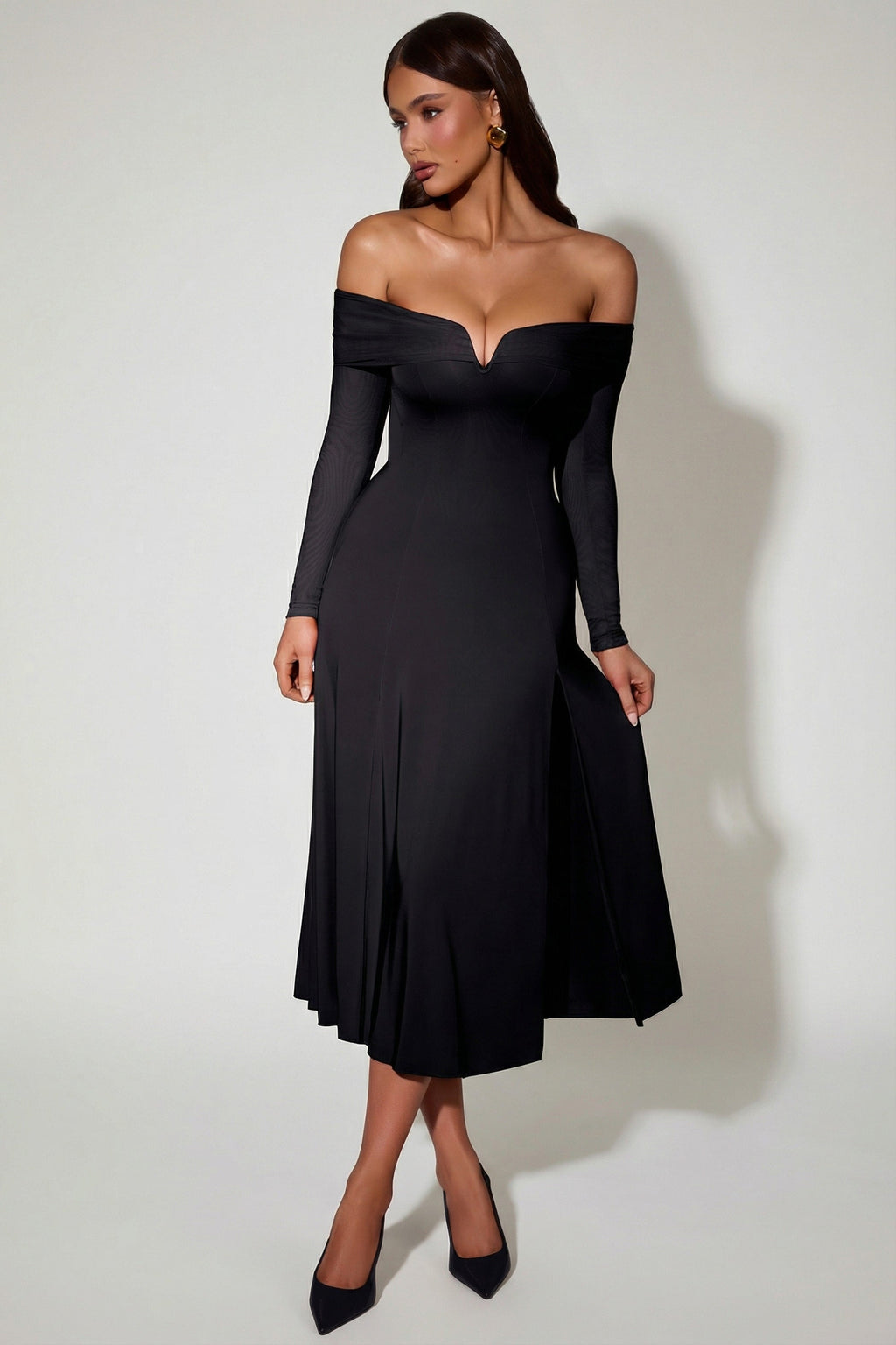 Chic Off-Shoulder Lace-Up A-Line Midaxi Dress in Black