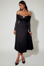 Chic Off-Shoulder Lace-Up A-Line Midaxi Dress in Black