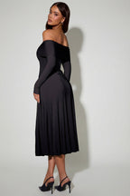 Chic Off-Shoulder Lace-Up A-Line Midaxi Dress in Black