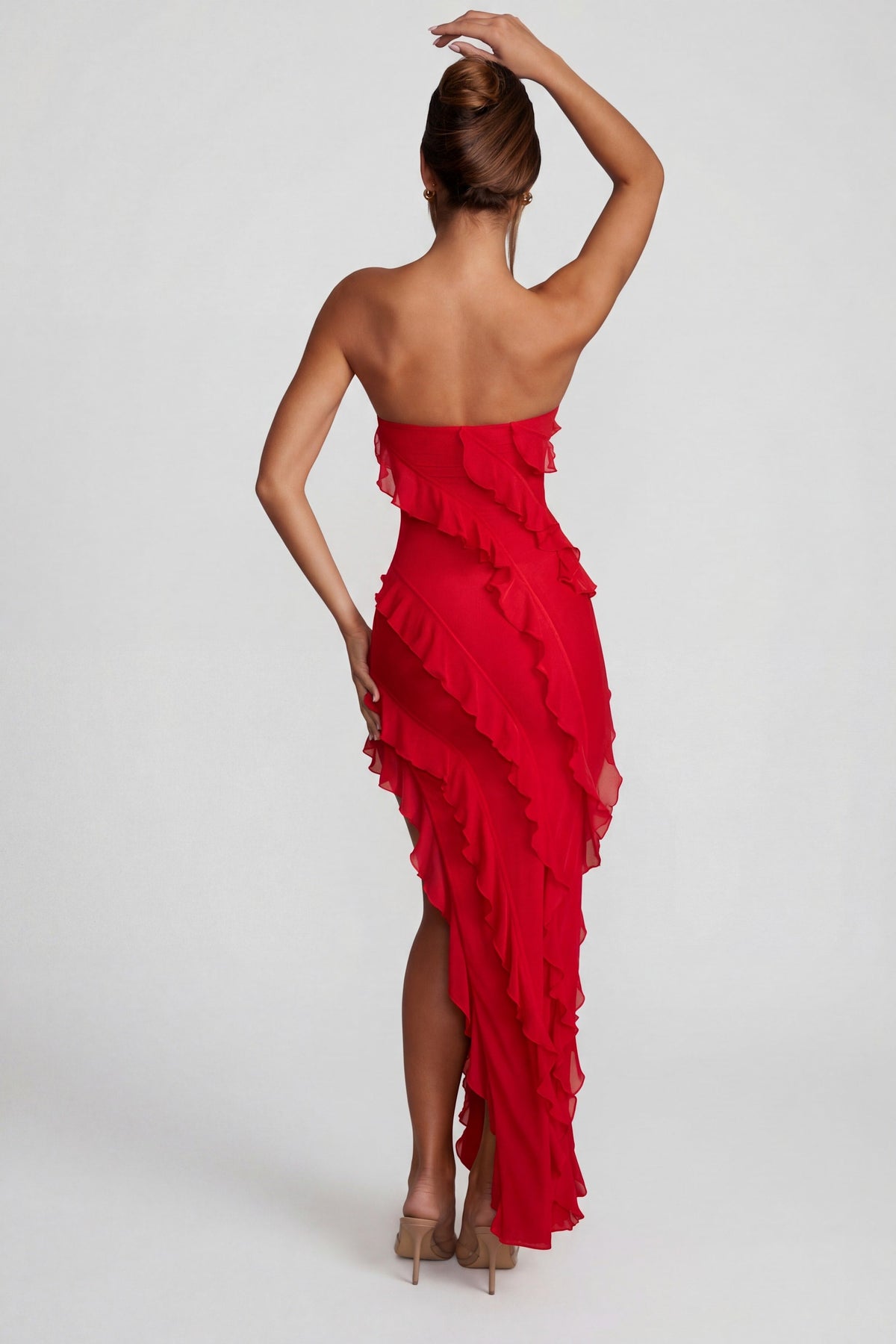 Chic Bandeau Ruffle Detail Maxi Dress in Red