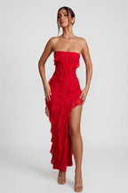 Chic Bandeau Ruffle Detail Maxi Dress in Red