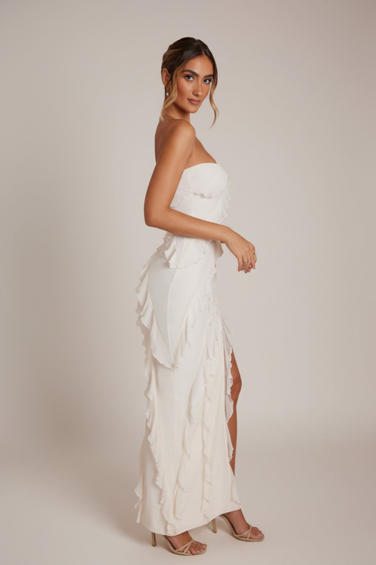 Chic Bandeau Ruffle Detail Maxi Dress in Ivory