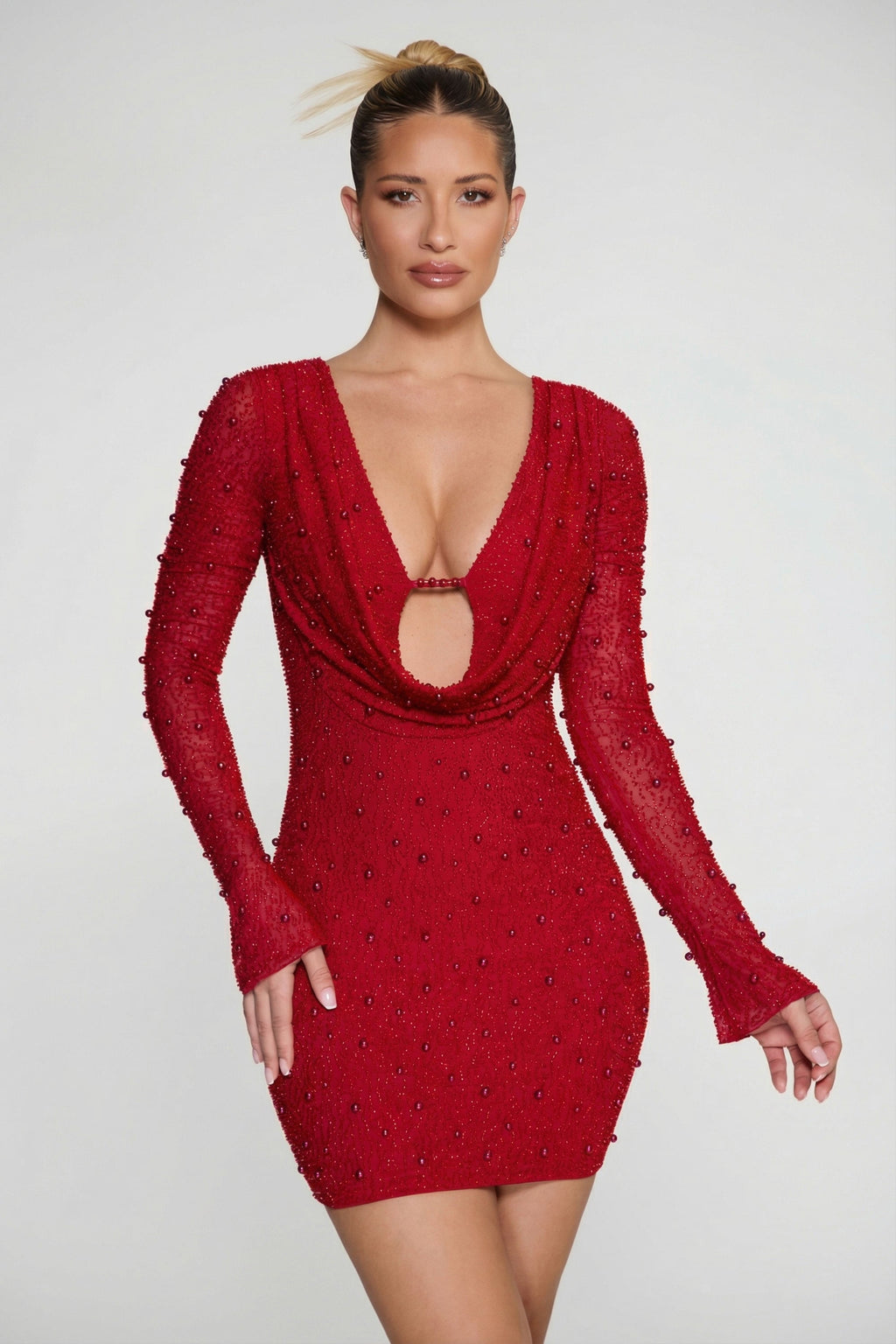 Chic Long Sleeve Deep Plunge Mini Dress in Red