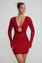 Chic Long Sleeve Deep Plunge Mini Dress in Red