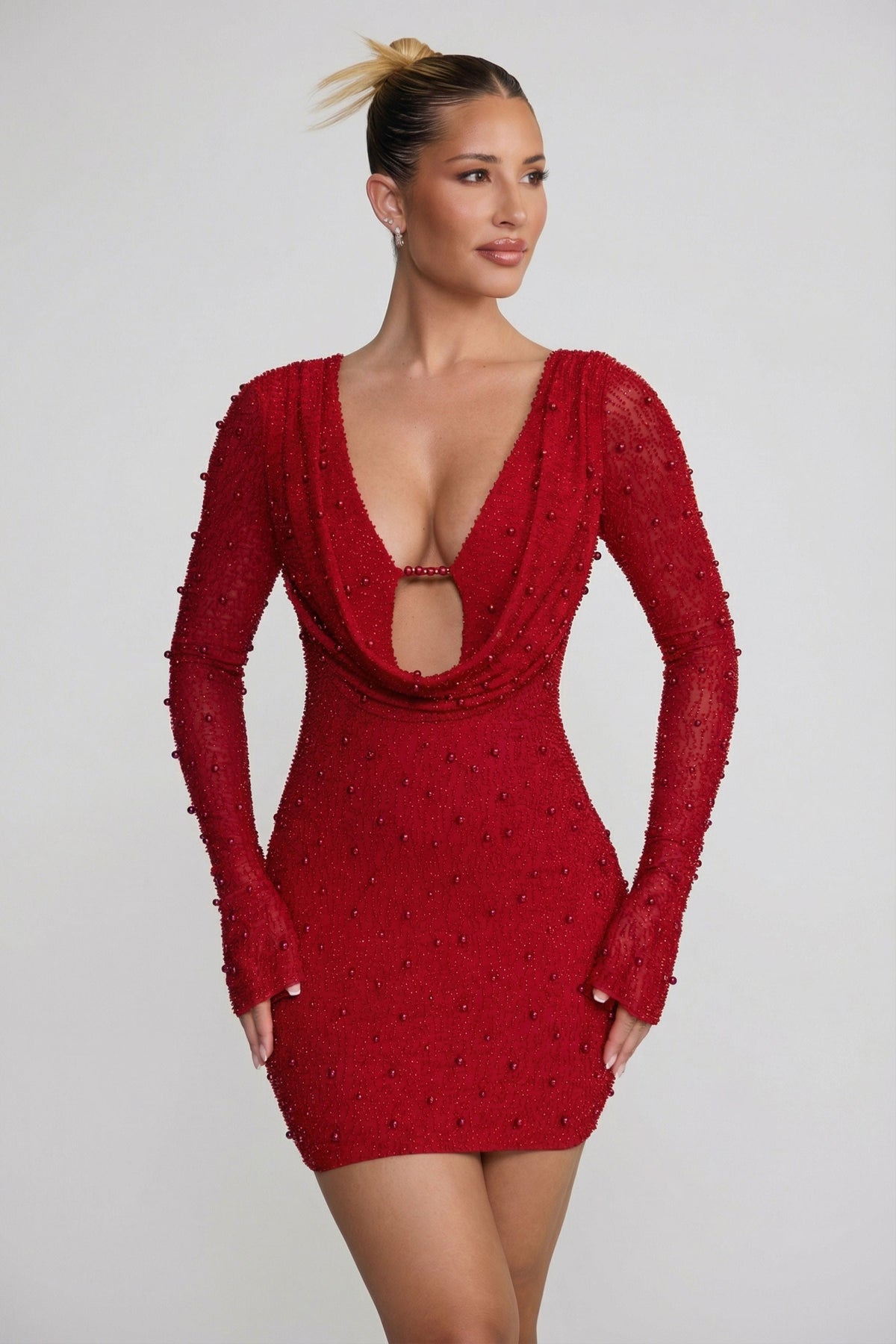 Chic Long Sleeve Deep Plunge Mini Dress in Red