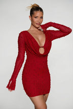 Chic Long Sleeve Deep Plunge Mini Dress in Red