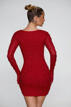 Chic Long Sleeve Deep Plunge Mini Dress in Red