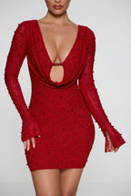 Chic Long Sleeve Deep Plunge Mini Dress in Red