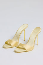 Chic Satin Heeled Mule Sandal in Butter Yellow