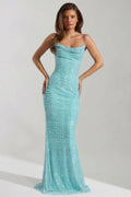 Chic Embellished Cowl-Neck Backless Maxi Dress in Aqua Blue