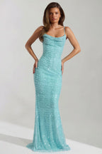 Chic Embellished Cowl-Neck Backless Maxi Dress in Aqua Blue