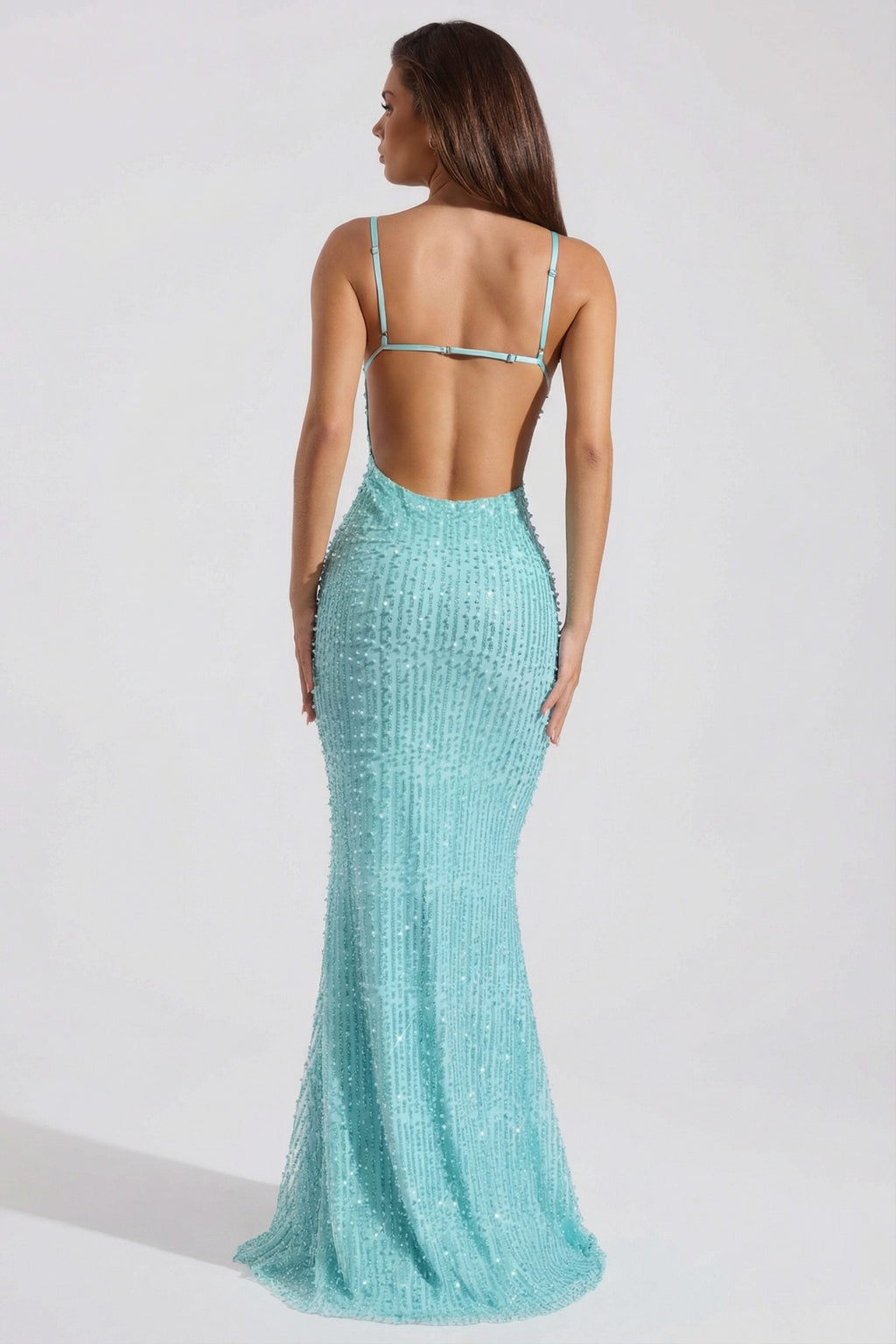Chic Embellished Cowl-Neck Backless Maxi Dress in Aqua Blue