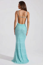 Chic Embellished Cowl-Neck Backless Maxi Dress in Aqua Blue