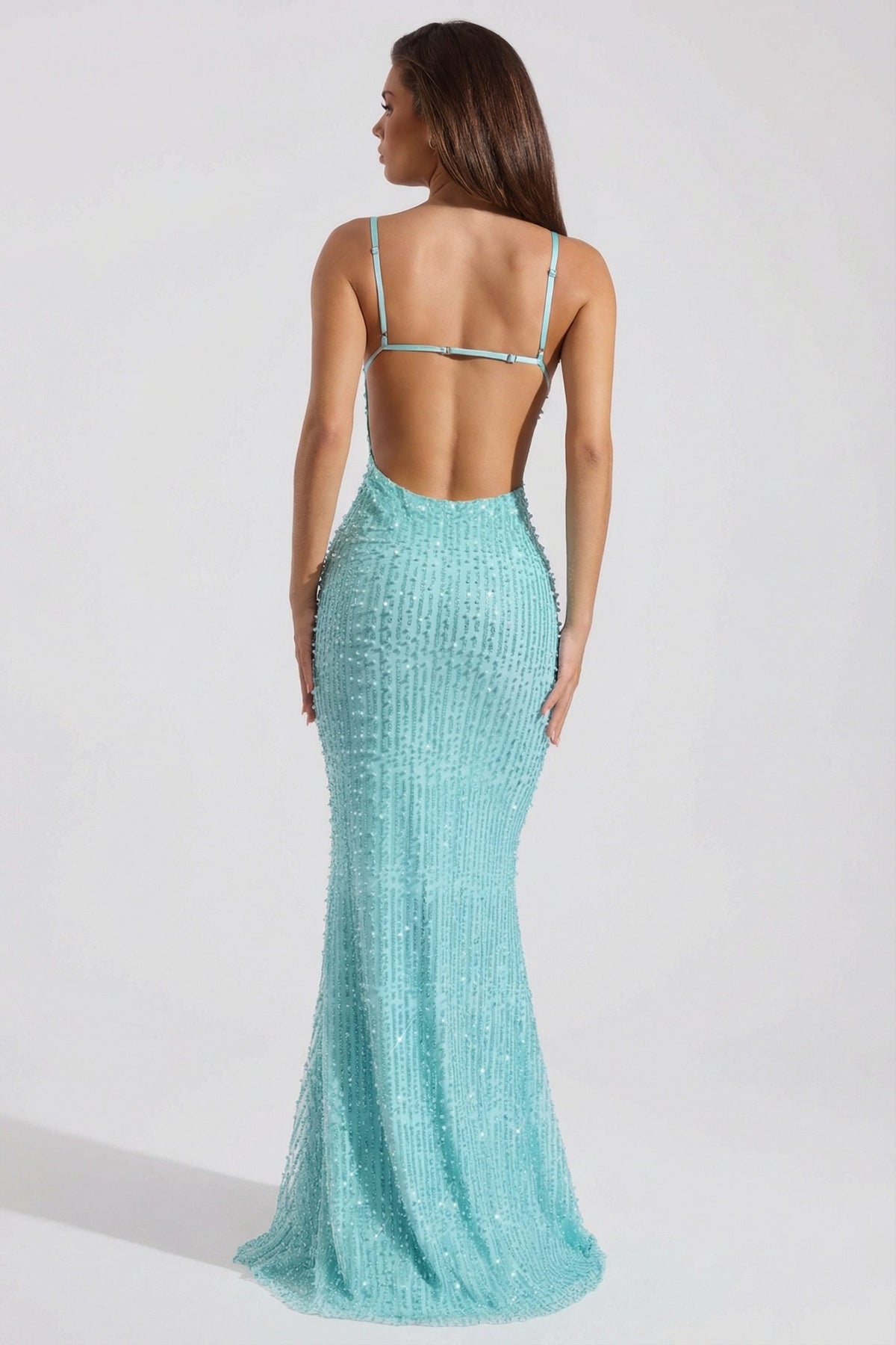 Chic Embellished Cowl-Neck Backless Maxi Dress in Aqua Blue