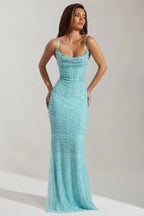 Chic Embellished Cowl-Neck Backless Maxi Dress in Aqua Blue