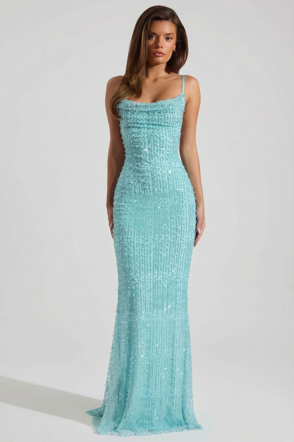 Chic Embellished Cowl-Neck Backless Maxi Dress in Aqua Blue