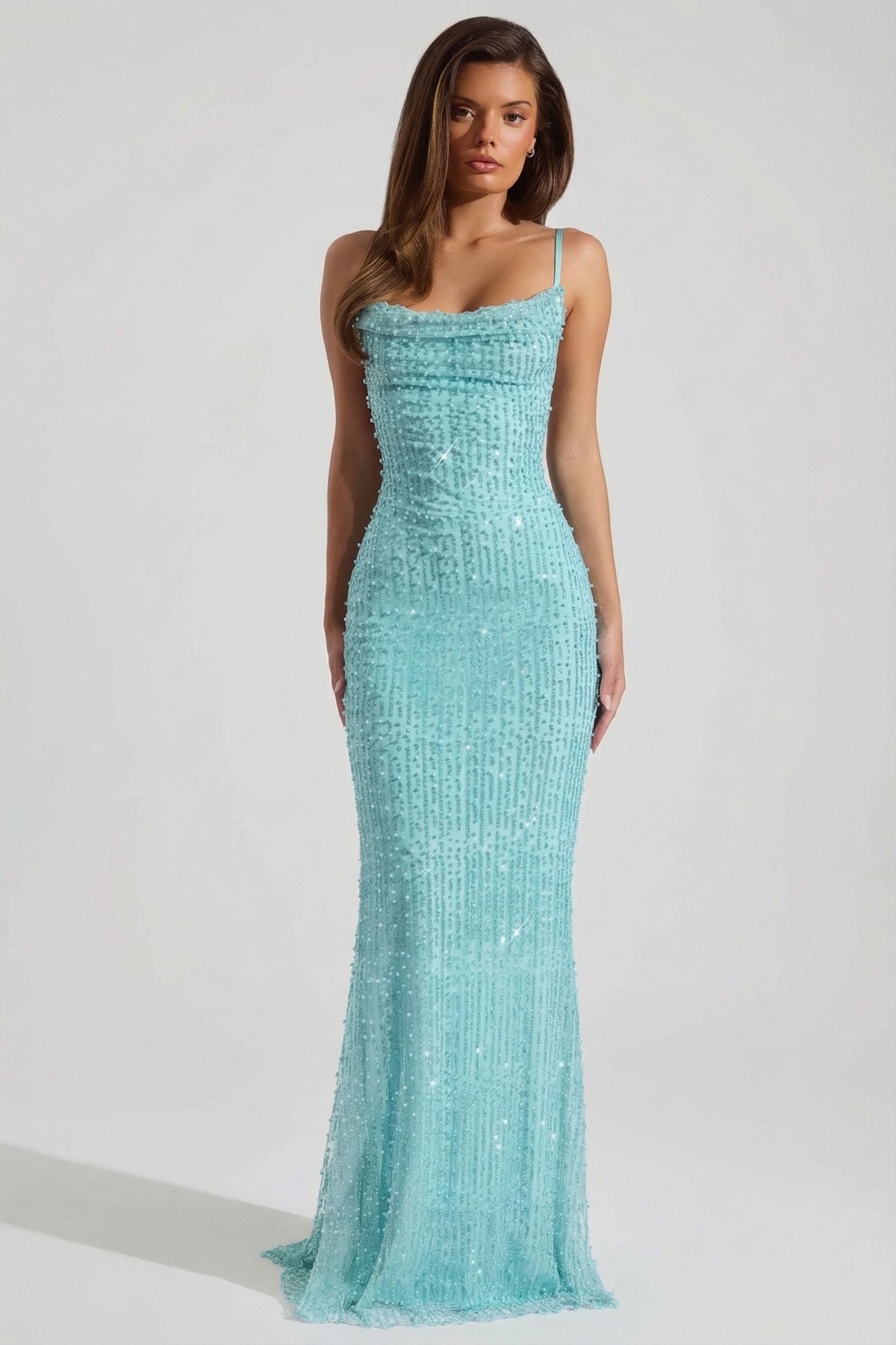 Chic Embellished Cowl-Neck Backless Maxi Dress in Aqua Blue