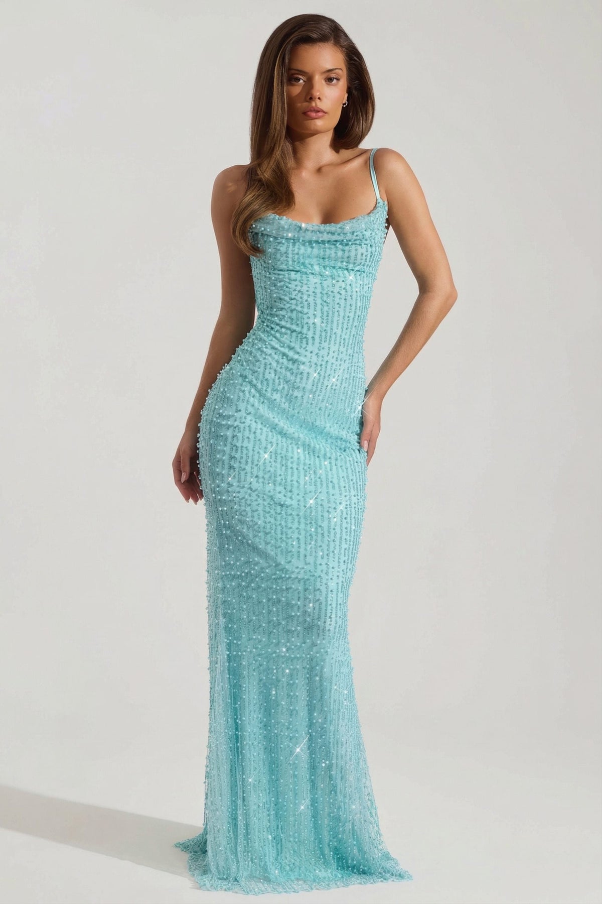 Chic Embellished Cowl-Neck Backless Maxi Dress in Aqua Blue