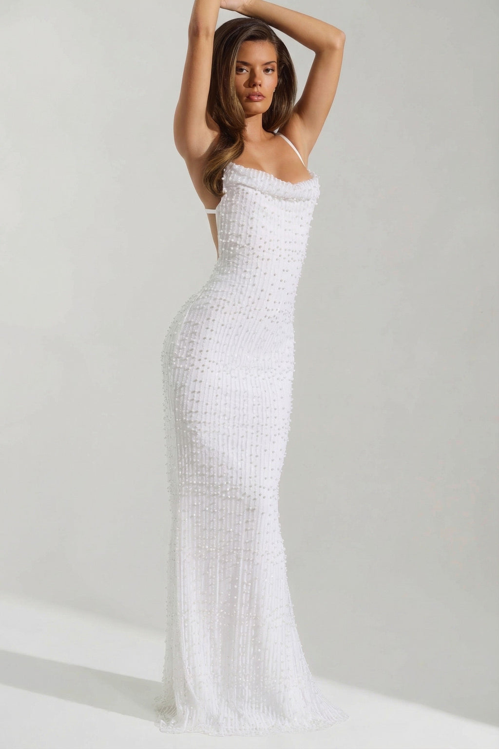 Chic Embellished Cowl-Neck Backless Maxi Dress in White