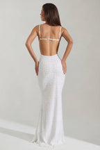 Chic Embellished Cowl-Neck Backless Maxi Dress in White