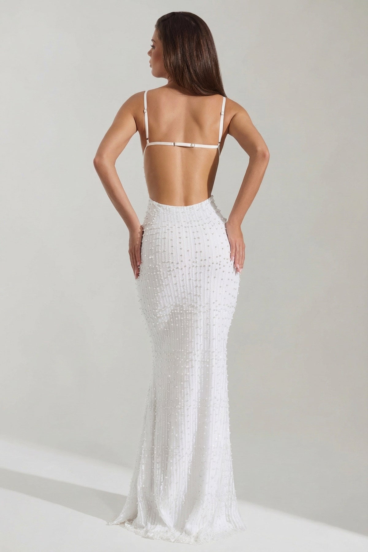 Chic Embellished Cowl-Neck Backless Maxi Dress in White