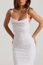 Chic Embellished Cowl-Neck Backless Maxi Dress in White
