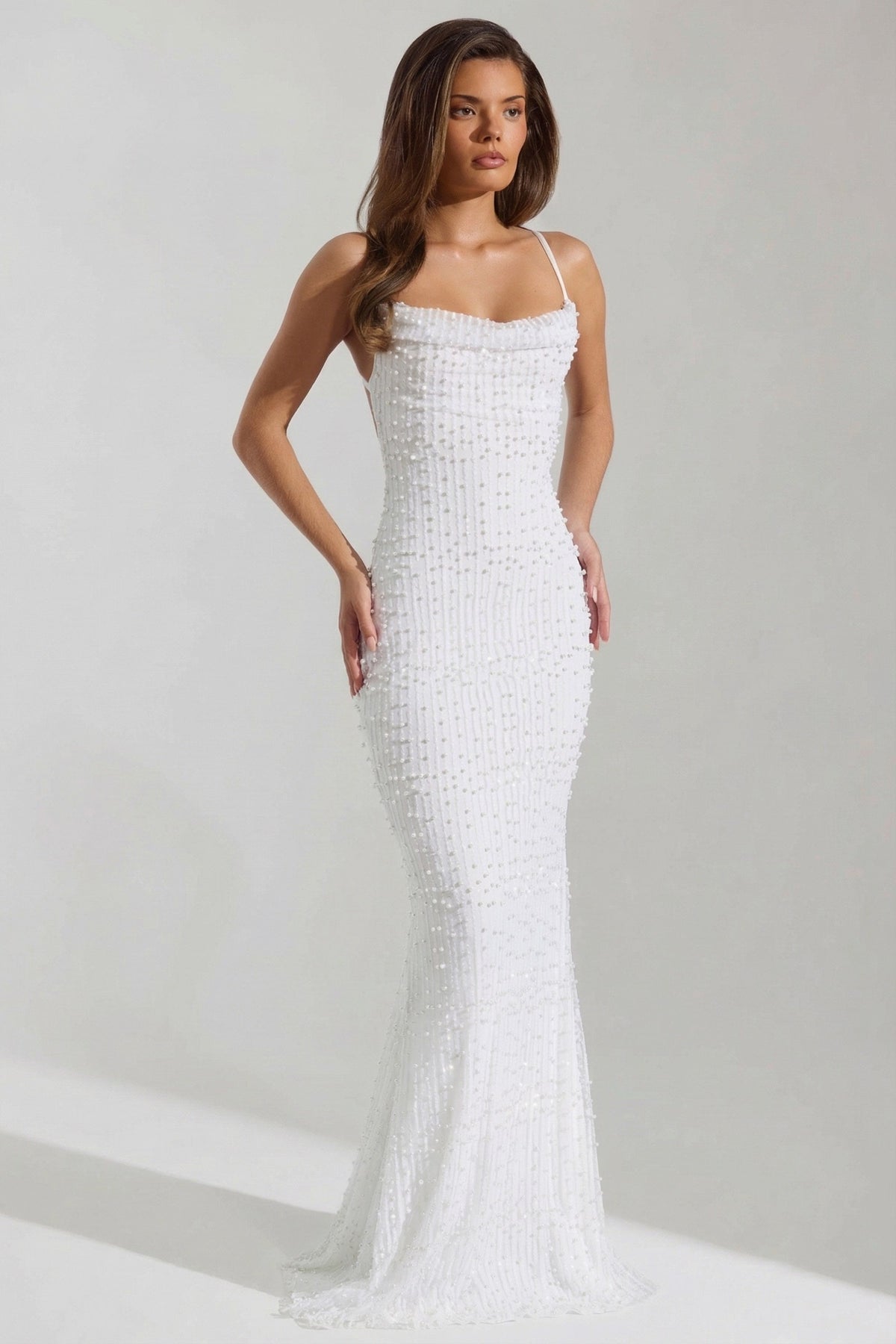 Chic Embellished Cowl-Neck Backless Maxi Dress in White