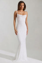 Chic Embellished Cowl-Neck Backless Maxi Dress in White