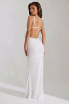 Chic Embellished Cowl-Neck Backless Maxi Dress in White
