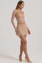 Chic Embellished Mid-Rise A-Line Mini Skirt in Almond