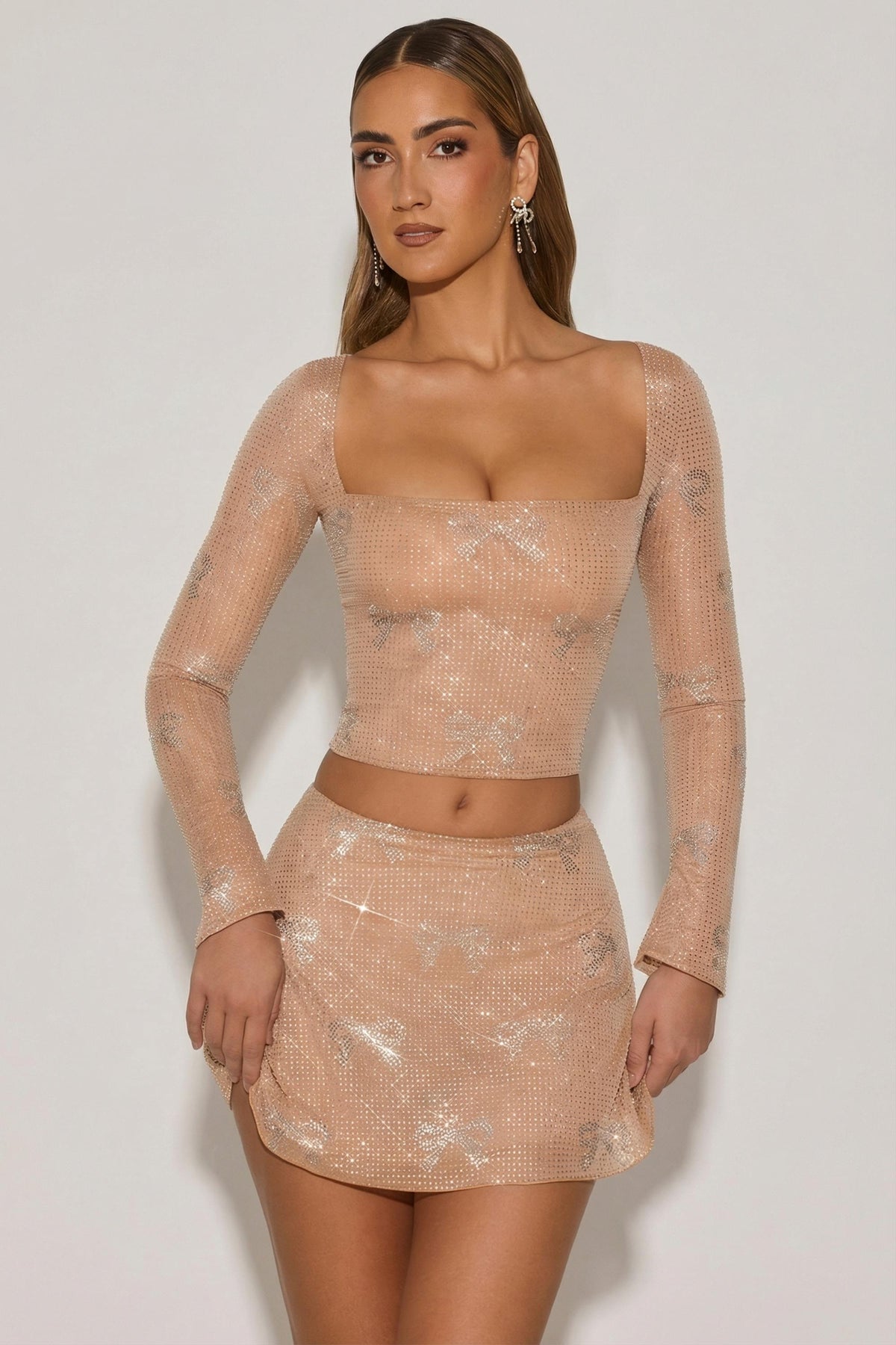 Chic Embellished Mid-Rise A-Line Mini Skirt in Almond