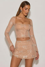 Chic Embellished Mid-Rise A-Line Mini Skirt in Almond