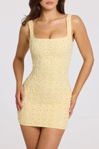 Chic Embellished Square-Neck Mini Dress in Butter Yellow