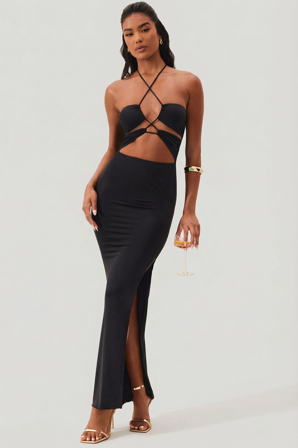 Chic Cut Out Halter Neck Floor Length Maxi Dress in Black
