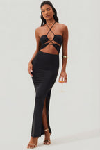 Chic Cut Out Halter Neck Floor Length Maxi Dress in Black