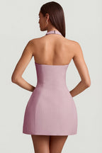 Chic Pinstripe Halterneck Structured A-Line Mini Dress in Mauve
