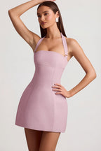 Chic Pinstripe Halterneck Structured A-Line Mini Dress in Mauve