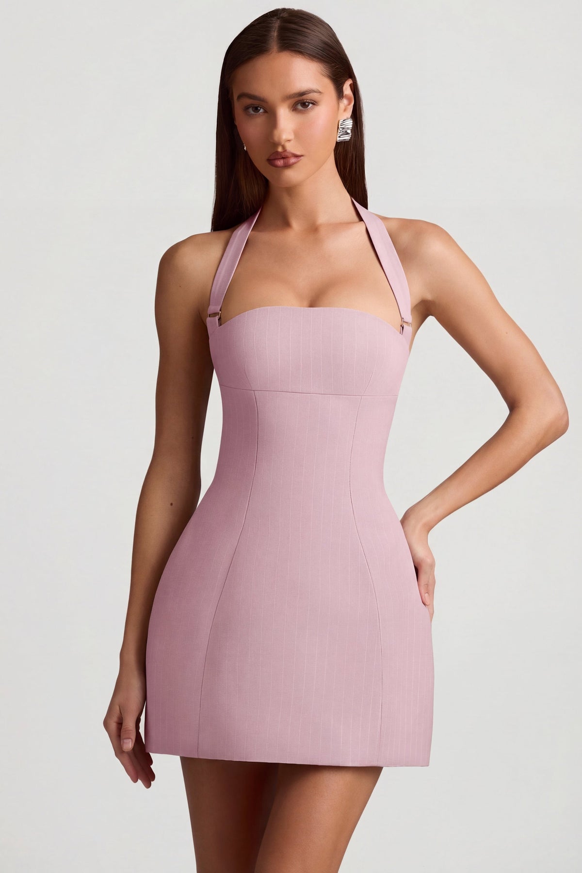 Chic Pinstripe Halterneck Structured A-Line Mini Dress in Mauve
