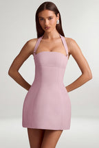 Chic Pinstripe Halterneck Structured A-Line Mini Dress in Mauve