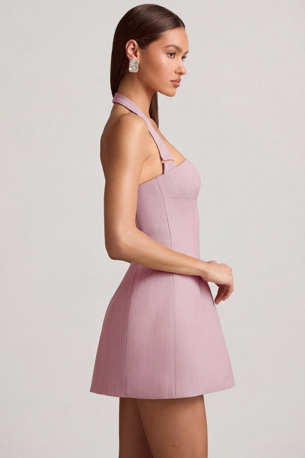 Chic Pinstripe Halterneck Structured A-Line Mini Dress in Mauve